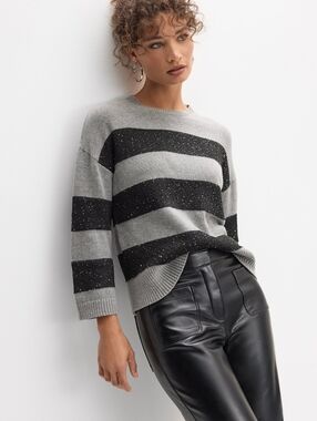 Melanie Lyne Sequin Embellished Bland And Gray Striped Sweater